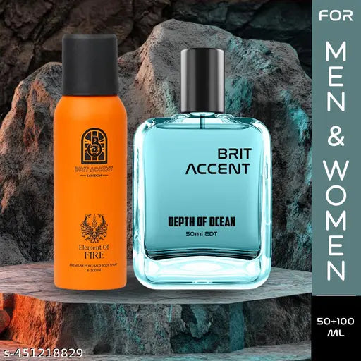 BRIT ACCENT |Combo Pack|Parfum & Deodorant|DepthOfOcean+Element Of Fire|Long-Lasting| Eau de Toilette - 150 ml (For Men & Women)