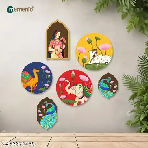 Pichwai Art MDF Wall Painting for Living Room | Wall decor | Home Decor | Wall Hanging ( Set of 6 )
